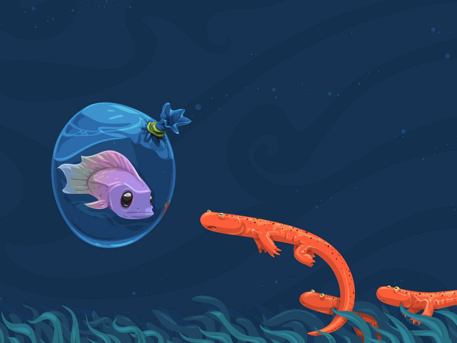 深藍色海洋中橙色蠑螈附近泡泡裏嘅紫色魚