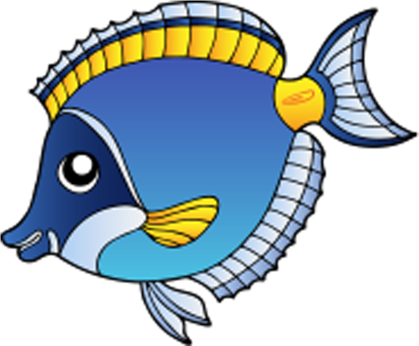 彩色卡通魚 壁紙 — 一條卡通藍色魚，有黃色鰭和條紋邊緣，在黑色背景上游泳。