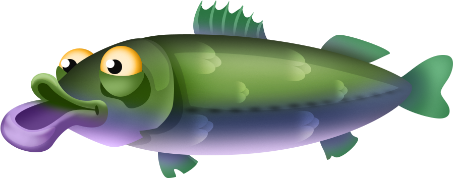 彩色卡通鯉魚 壁紙 — 一條卡通魚，有大黃色眼睛和紫色嘴巴，在黑色背景上游動。