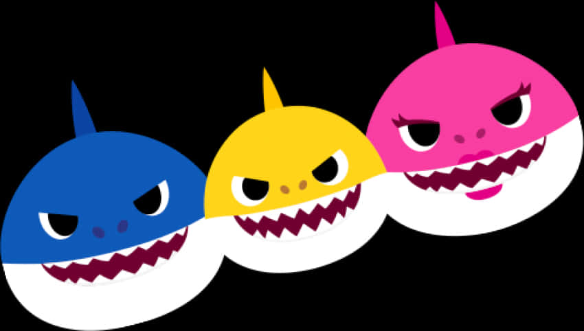 彩色卡通鯊魚家族 壁紙 — 三條卡通鯊魚，分別為藍色、黃色和粉紅色，帶有憤怒表情，背景為黑色。