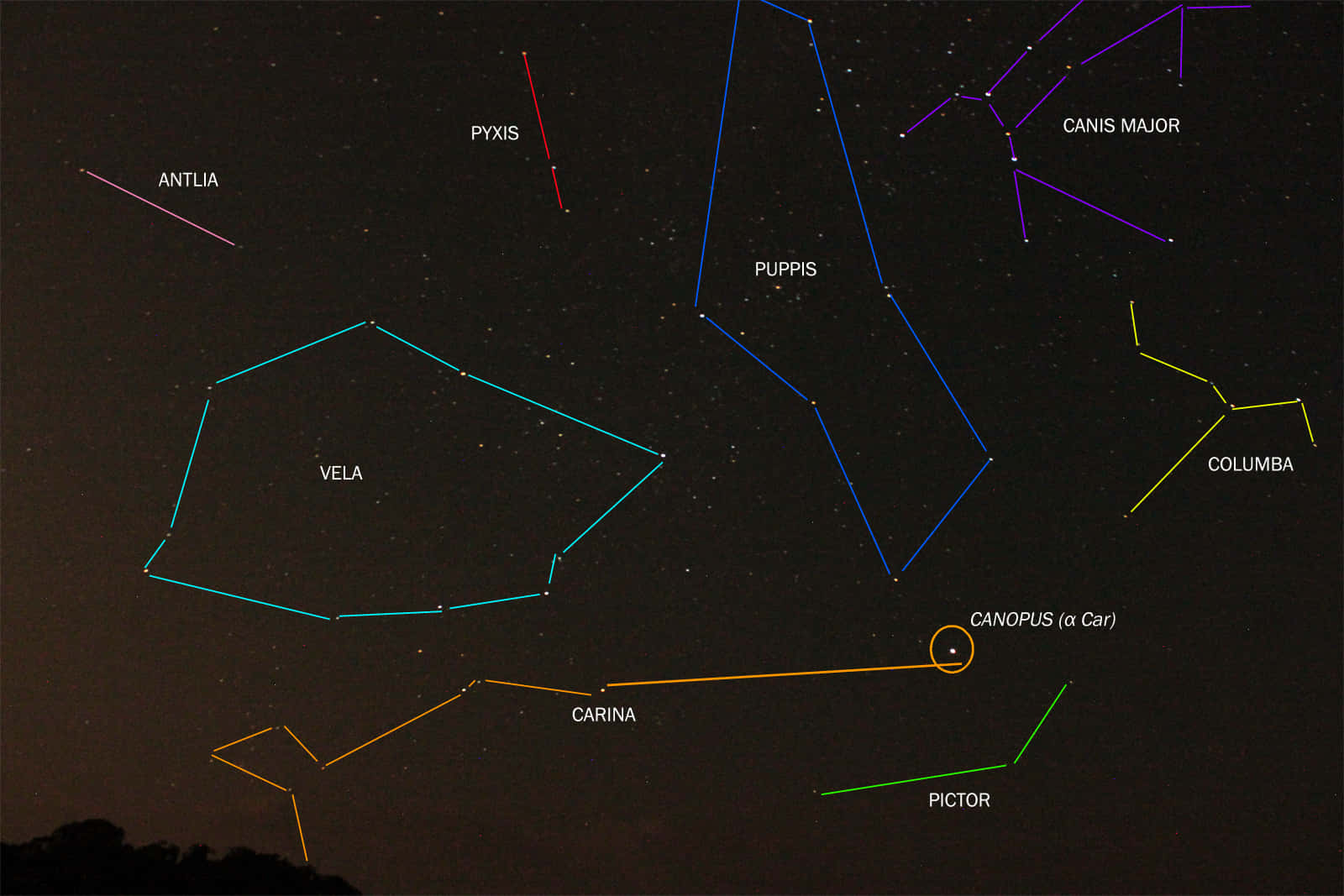 夜空星圖，顯示星座名稱及星星連接。