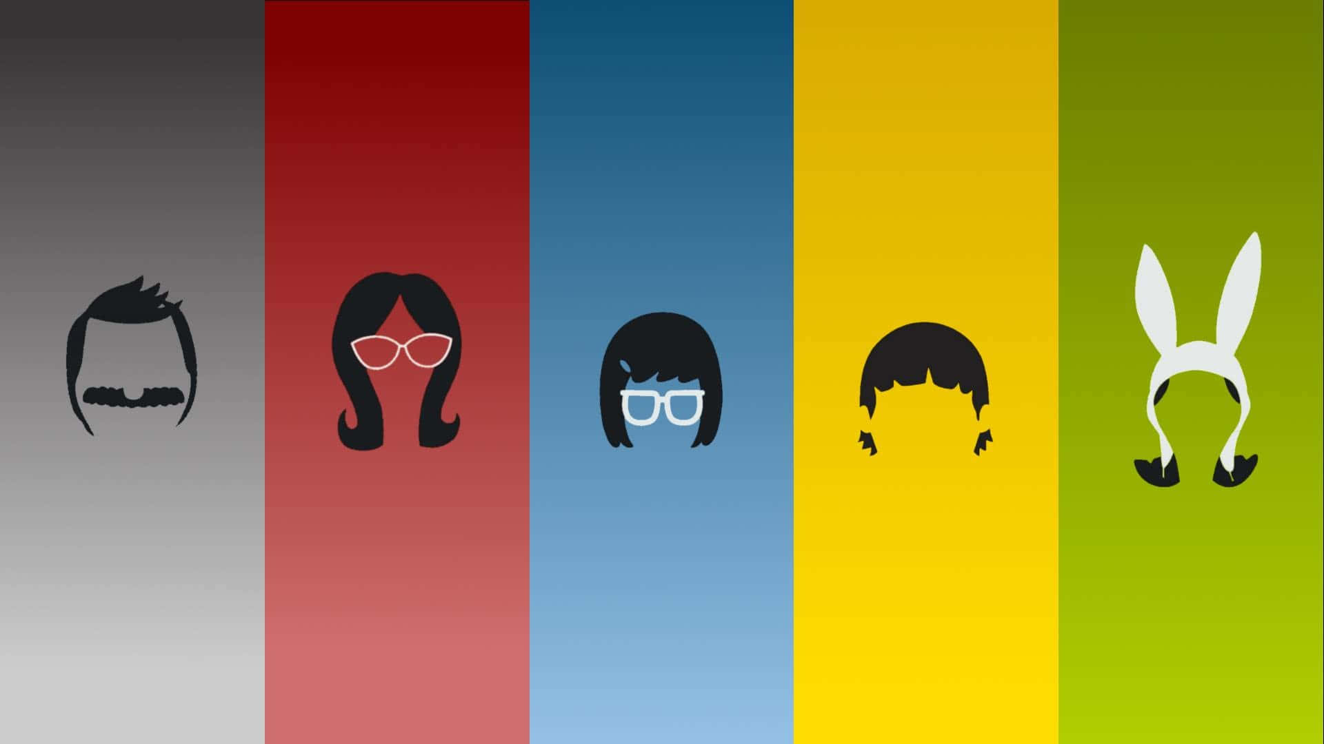 彩色向量藝術 Bob's Burgers 背景 壁紙 — 五個極簡角色剪影，擁有不同的髮型和配飾，站在鮮豔的垂直色塊前。