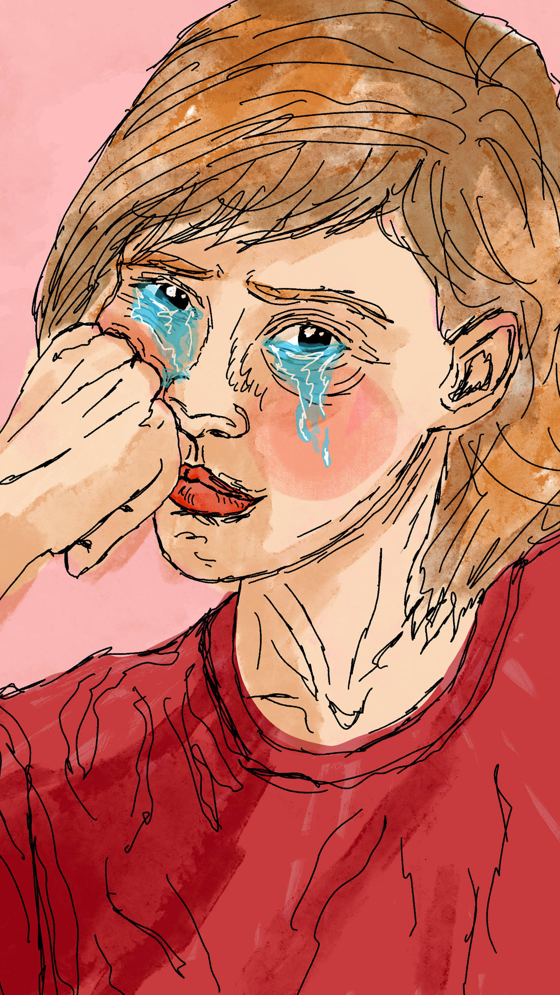 彩色哭泣女孩傷感畫作 壁紙 — 一幅水彩插圖，描繪一個棕色頭髮的人流著藍色眼淚，同時用手擦拭眼睛。
