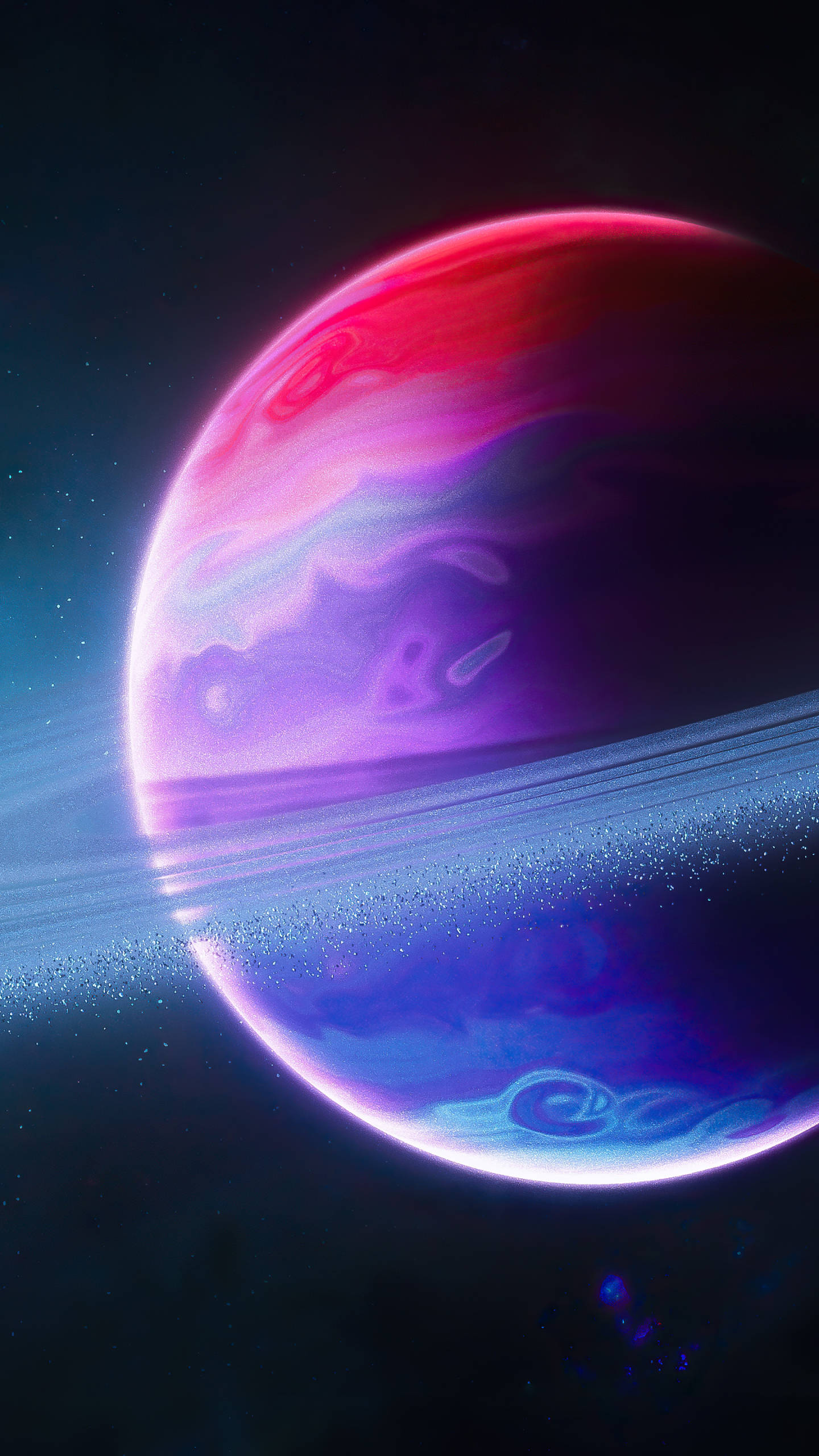 彩色土星行星太空手機壁紙 壁紙 — 一顆充滿活力的外星行星，帶有旋轉的紅色、紫色和藍色雲層以及發光的光環，背景是繁星點點的宇宙。