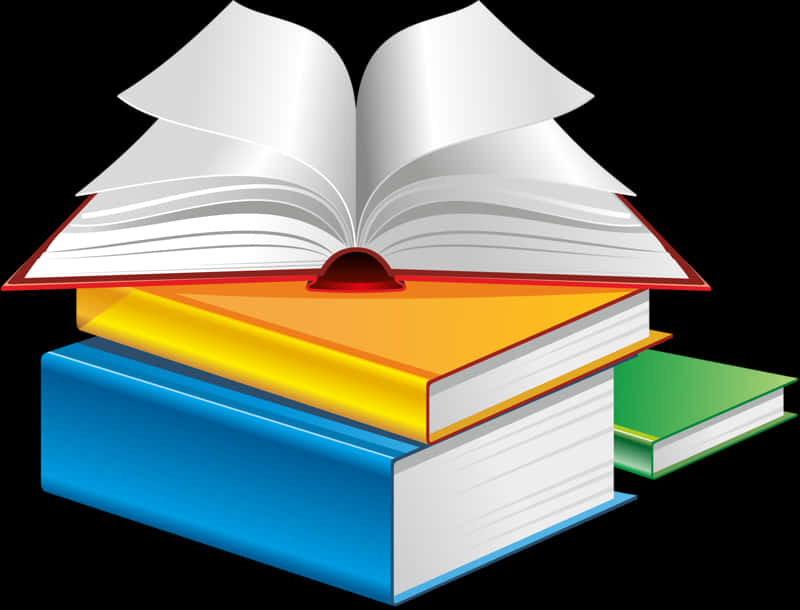 彩色堆疊書本圖形 壁紙 — 一堆色彩繽紛的書籍，頂部有一本打開，背景為黑色。