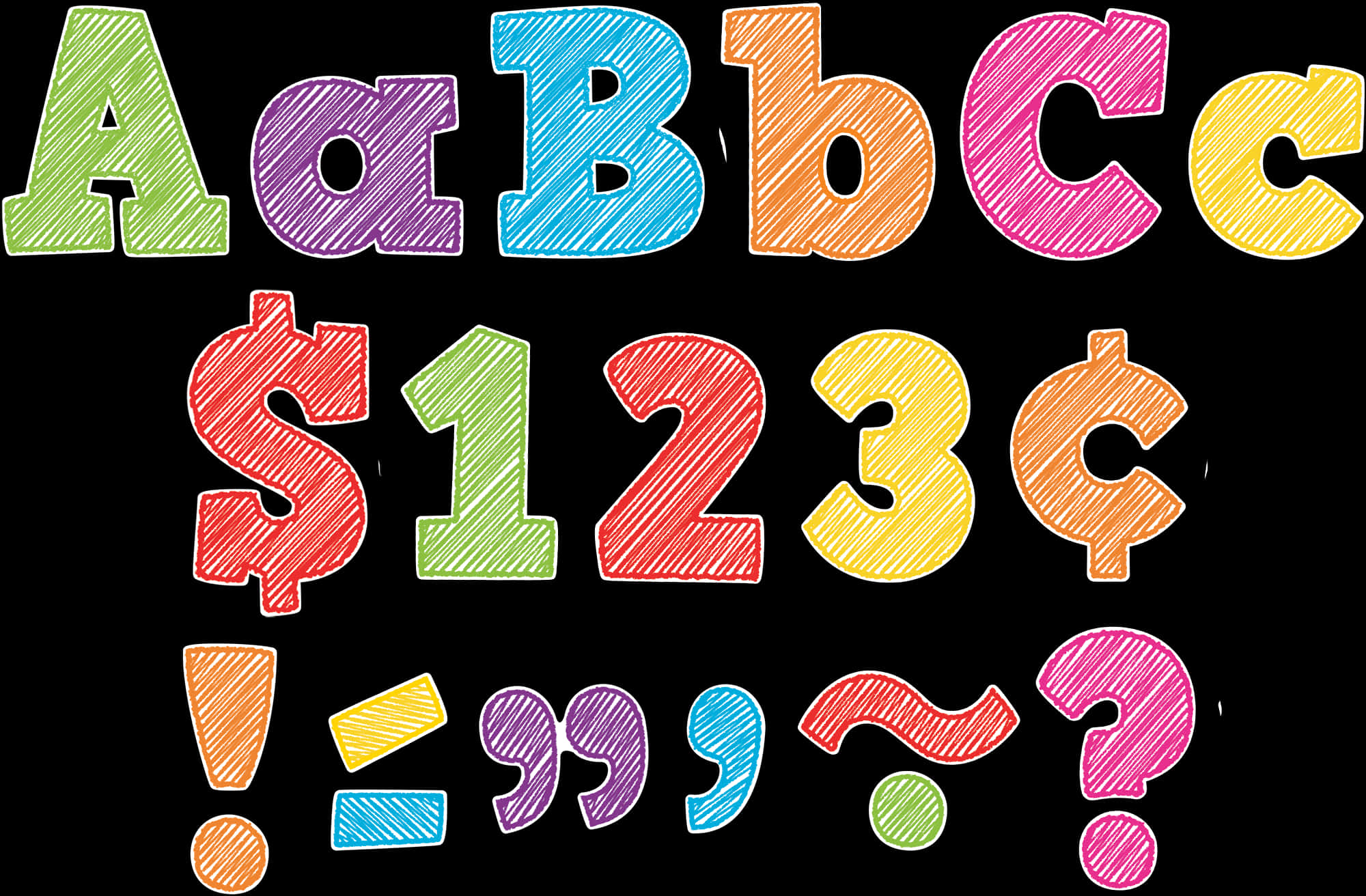 彩色塗鴉字母與數字 壁紙 — 在黑底上以彩虹色繪製的鮮豔手繪字母數字和符號。