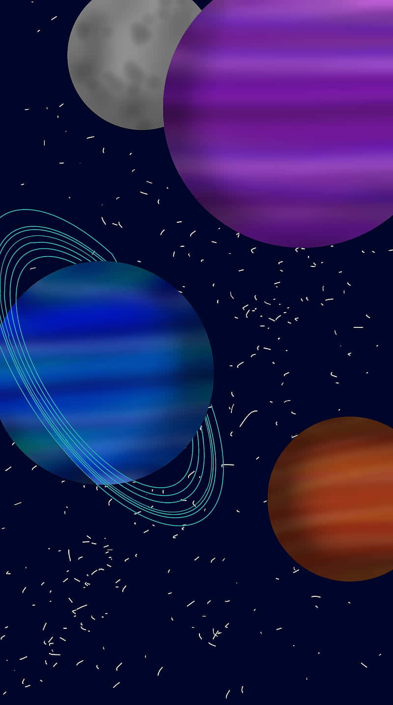風格化的行星、環和月亮在繁星點點的夜空中。