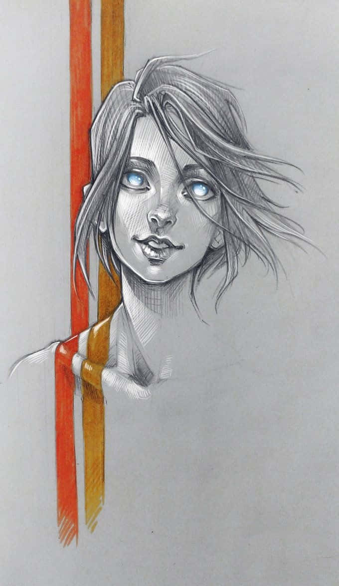 一位藍眼睛的年輕女子在鉛筆素描中透過彩色垂直條紋窺視。