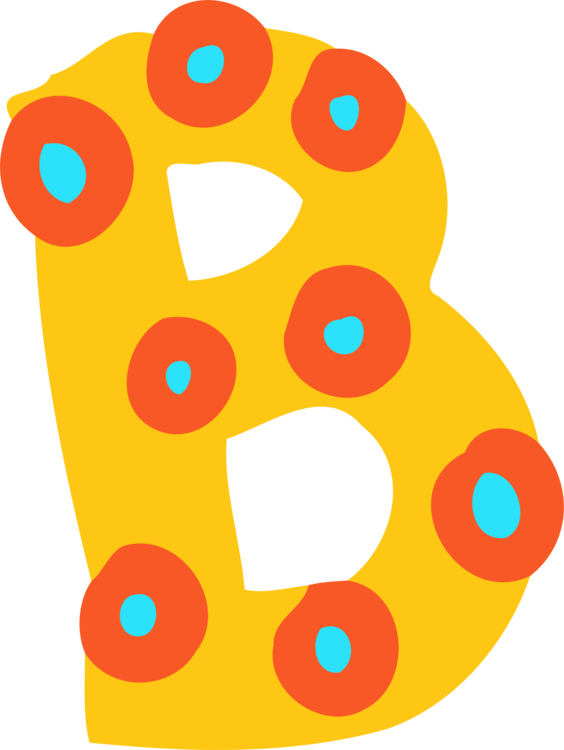 彩色字母B插畫 壁紙 — 一個大膽的黃色字母 B，飾有帶藍點的橙色環，背景為黑色。