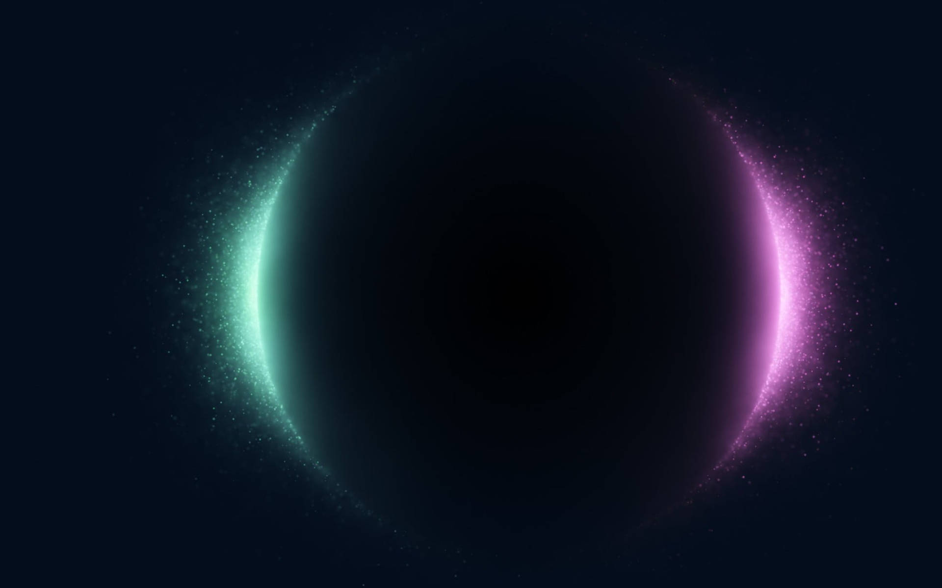 彩色宇宙中的黑色行星 壁紙 — 一個宇宙隧道，在黑暗的星空虛空中散發著發光的青綠色和粉紅色粒子光暈。