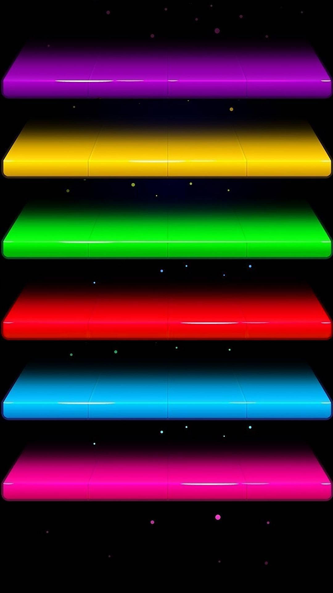 彩色平面層 iPhone 8 生動背景 壁紙 — 充滿活力的霓虹色長方形條在繁星點點的黑色虛空中漂浮，帶有發光的高光。