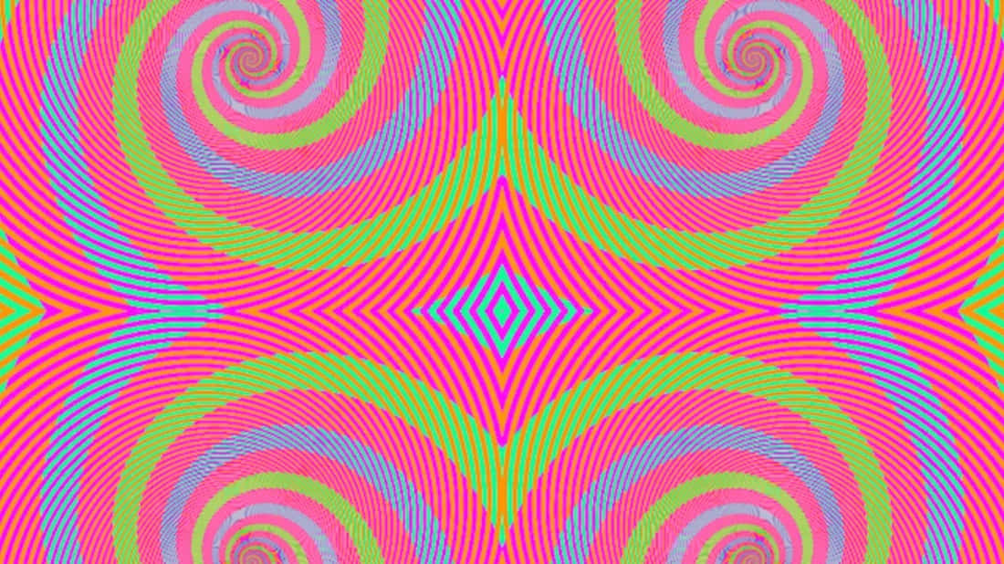 彩色幻覺與菱形圖 壁紙 — 充滿活力的迷幻壁紙，帶有對稱螺旋和霓虹粉、綠、藍色調，營造出催眠般的視錯覺。