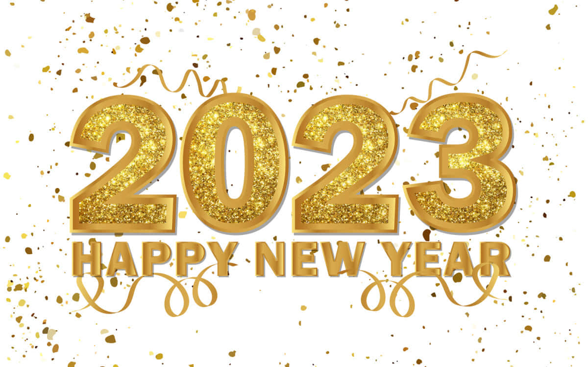 金色2023年新年快樂文字，配以五彩紙屑和彩帶。