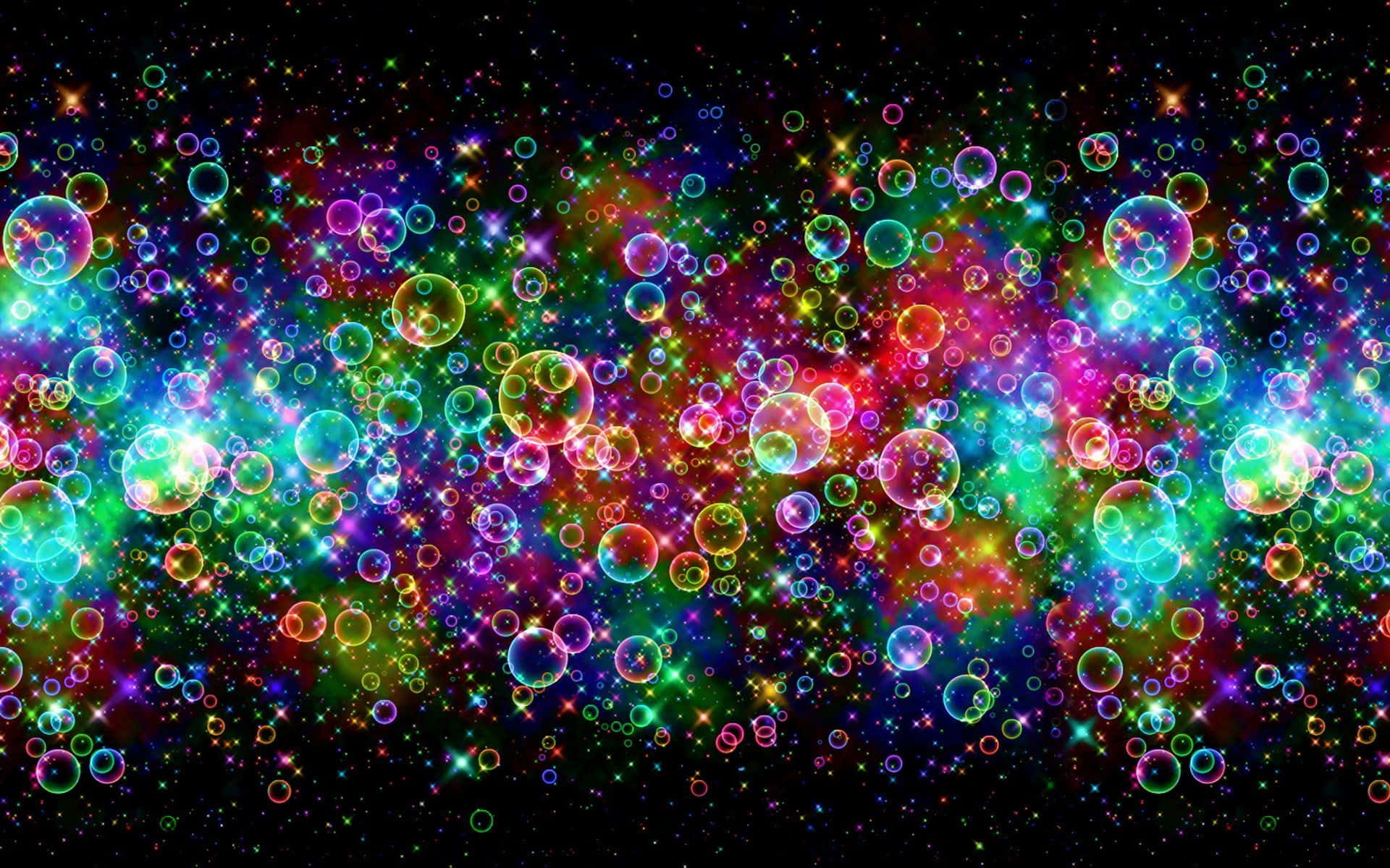 彩色彩虹背景的泡泡 壁紙 — 充滿活力的發光氣泡在閃爍的星星之間漂浮，背景是深邃的黑色宇宙。