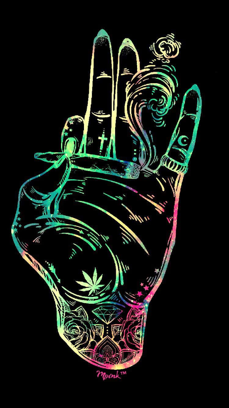 彩色手影握著煙卷 壁紙 — 一隻帶有複雜紋身和香煙的霓虹色手，在黑色背景上發光。