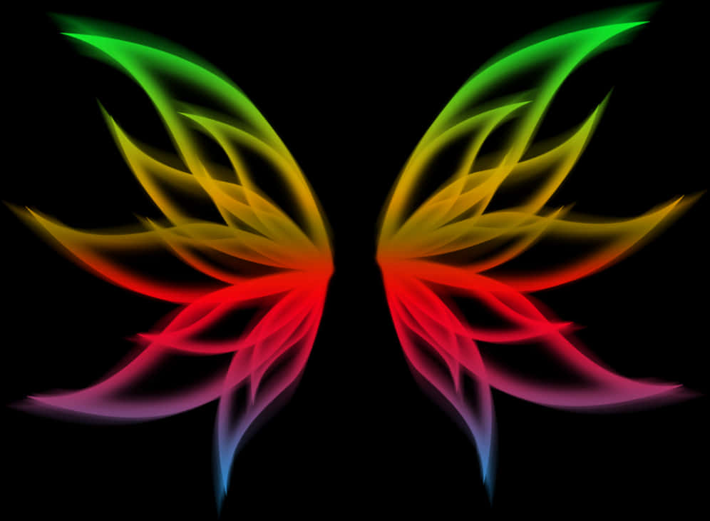彩色抽象翅膀藝術 壁紙 — 充滿活力的彩虹翅膀在黑色背景上發光，帶有流動的霓虹漸變。