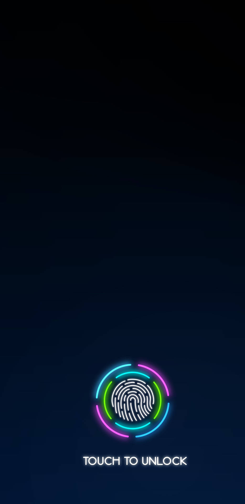 霓虹指紋掃描器，在深色背景上發出彩虹光芒，用於 touch to unlock。