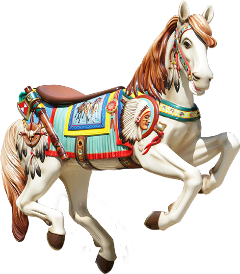 彩色旋轉木馬馬匹模型 壁紙 — 一匹充滿活力的旋轉木馬，帶有美洲原住民圖案，向前奔馳，裝飾著色彩繽紛的馬鞍和羽毛韁繩。
