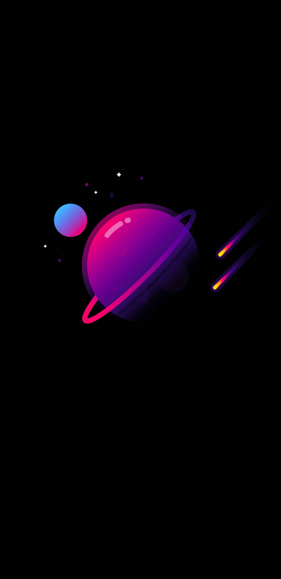 在黑暗太空中帶有環和藍色衛星的鮮豔紫色行星與彗星