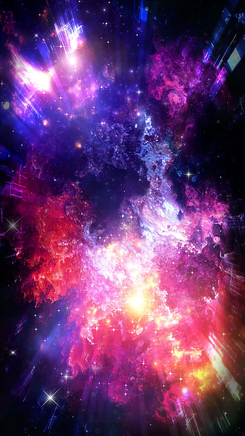 充滿活力的宇宙星雲，帶有旋轉的粉紅色、紫色和金色氣體以及閃爍的星星。