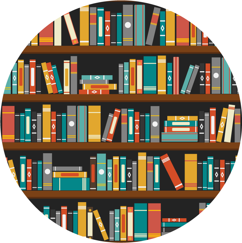 彩色書架圓形截圖 壁紙 — 色彩繽紛的插圖書架的圓形視圖，裡面裝滿了直立和堆疊的書籍，裝訂各異。
