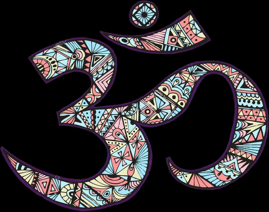 彩色曼陀羅嗡字紋身圖案 壁紙 — 一個色彩繽紛、圖案複雜的 Om 符號，帶有粉紅色、藍色和黃色的幾何設計，背景為黑色。
