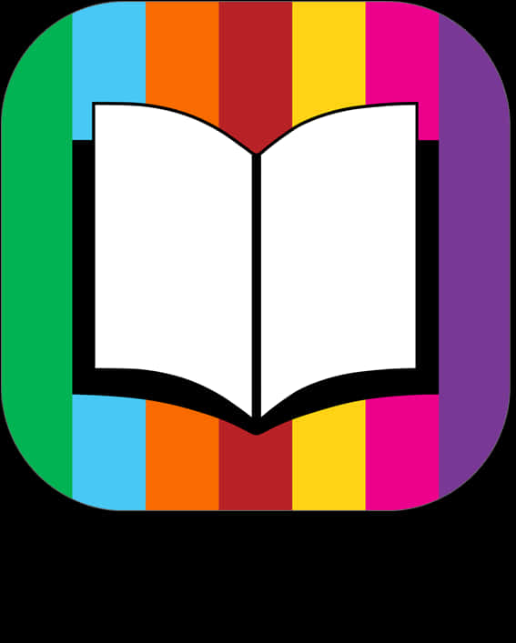 彩色條紋書籍標誌 壁紙 — 一個白色打開的書本圖示，居中於色彩繽紛的垂直條紋背景上，帶有圓角。
