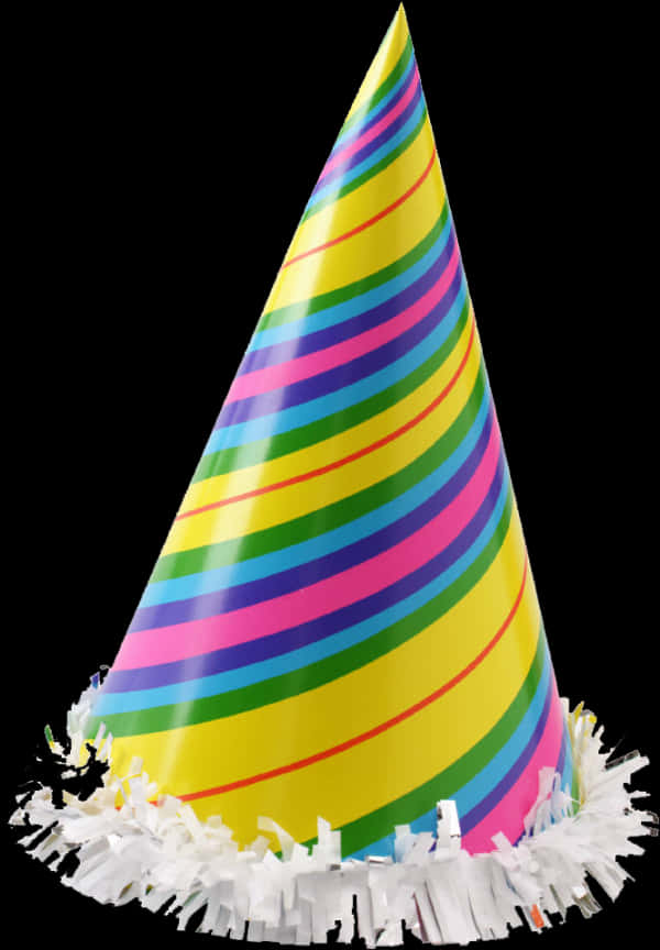 彩色條紋生日派對帽 壁紙 — 一頂充滿活力的彩虹條紋派對帽，帶有白色流蘇，孤立地立在黑色背景前。