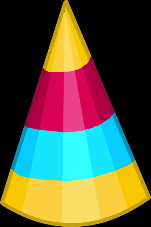 彩色條紋生日派對帽 壁紙 — 一頂充滿活力的派對帽，帶有鮮明的黃色、洋紅色和青色條紋，襯托在純黑色背景上。