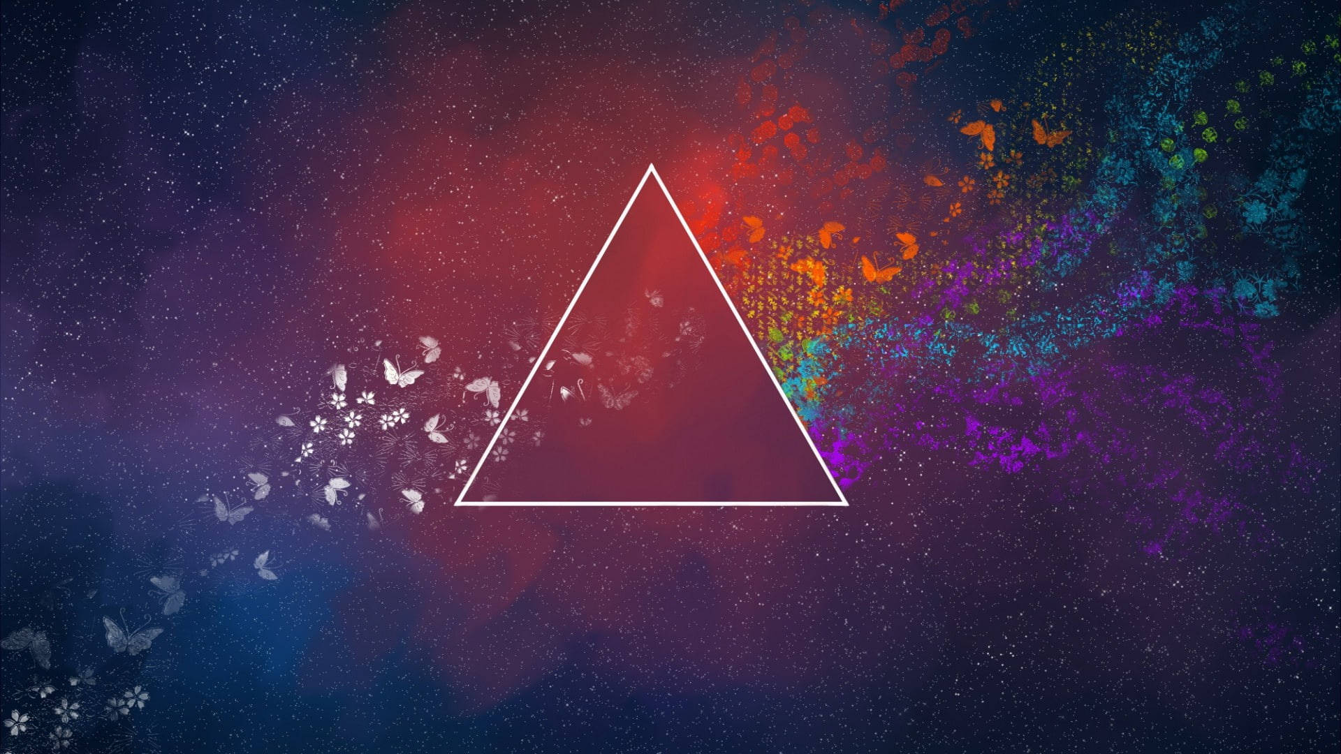 彩色棱鏡蝴蝶 壁紙 — 一個發光的白色三角形漂浮在宇宙星雲中，蝴蝶和花卉粒子在它周圍旋轉。