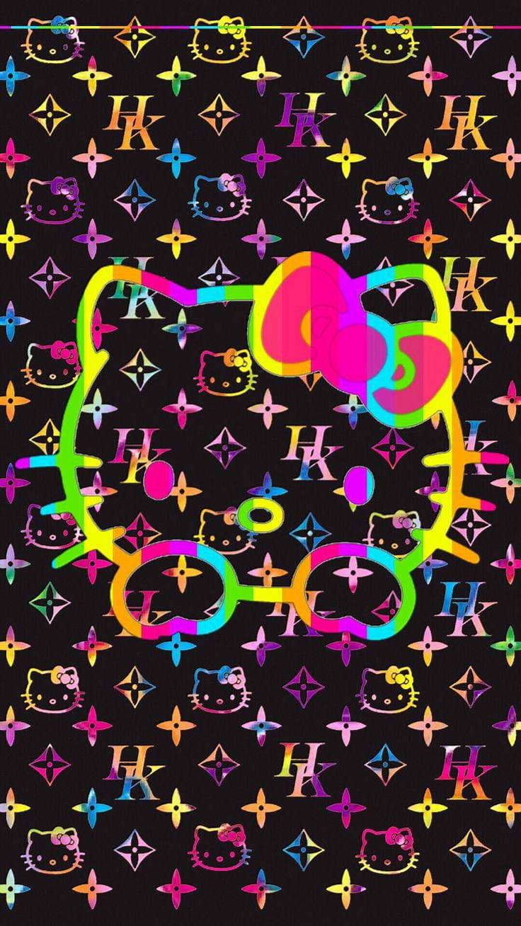 Hello Kitty以彩虹輪廓出現在黑色背景上，帶有重複的彩色標誌。