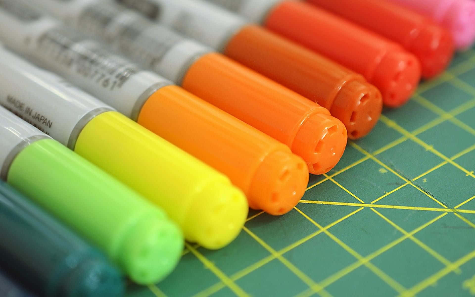 一排彩色螢光筆在綠色網格墊上。
