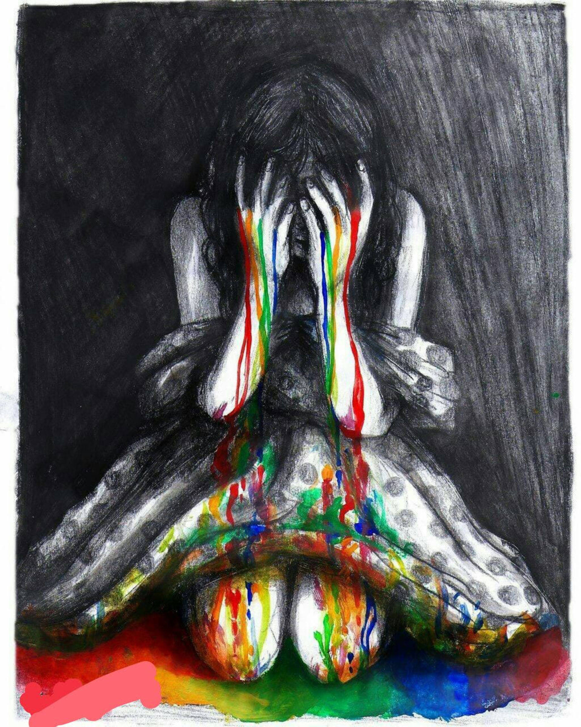 彩色淚滴傷感畫作 壁紙 — 一個灰階人物跪著，雙手掩面，鮮豔的彩虹眼淚沿著他們的身體傾瀉而下，落入下方一個色彩繽紛的水坑中。