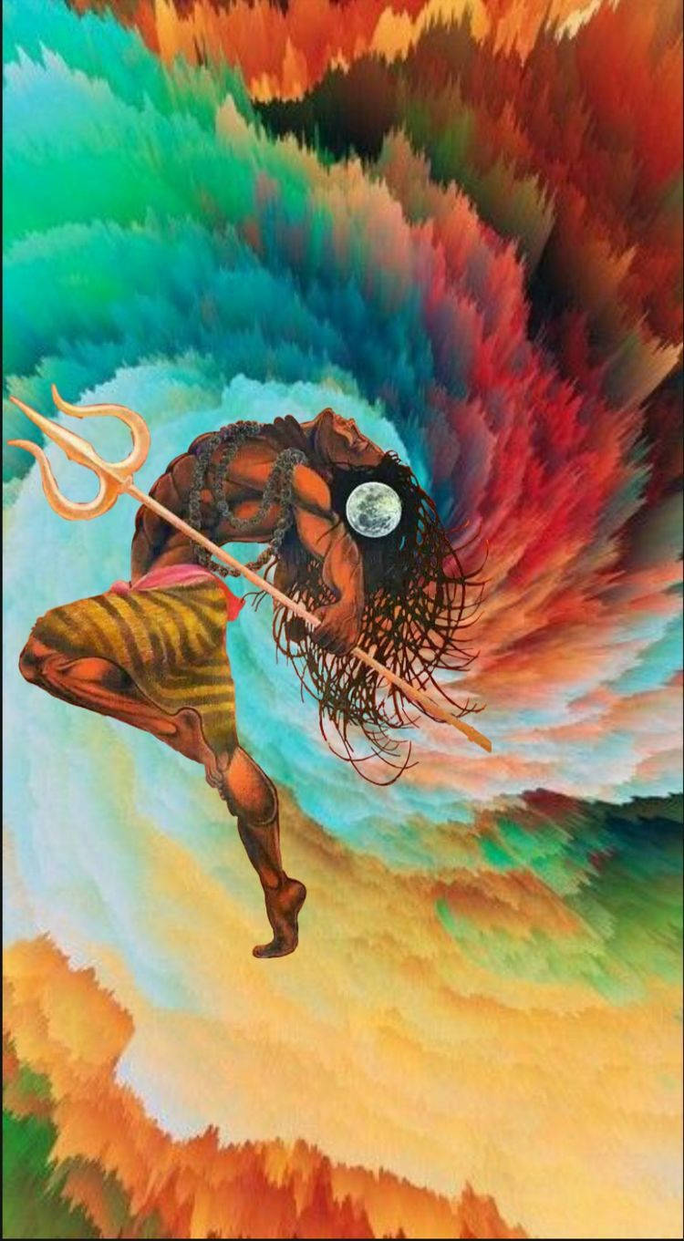 一位神話中的神祇，頭髮上有月亮，手持三叉戟，身處旋轉的彩虹漩渦中。