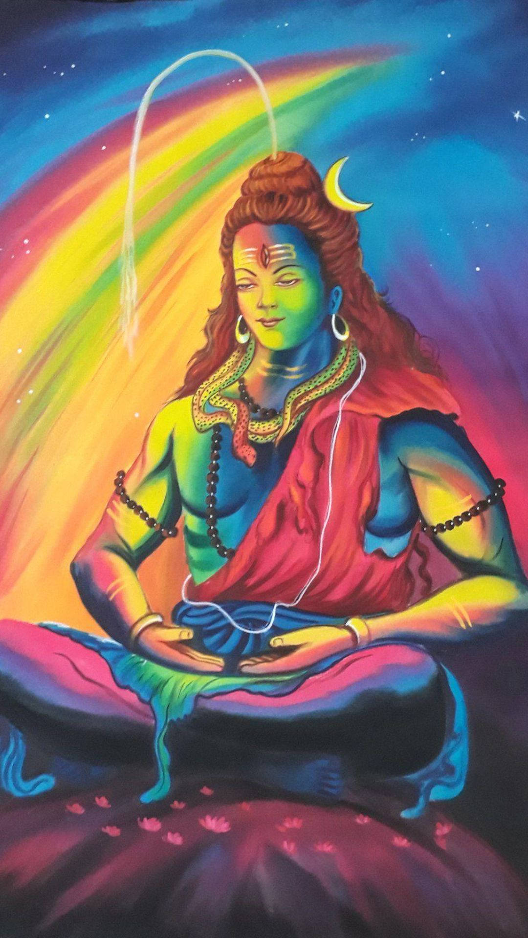 彩色濕婆神像高畫質 壁紙 — 一位光芒四射的神祇在繁星點點的宇宙天空下，於一道鮮豔的彩虹拱門下寧靜地冥想。