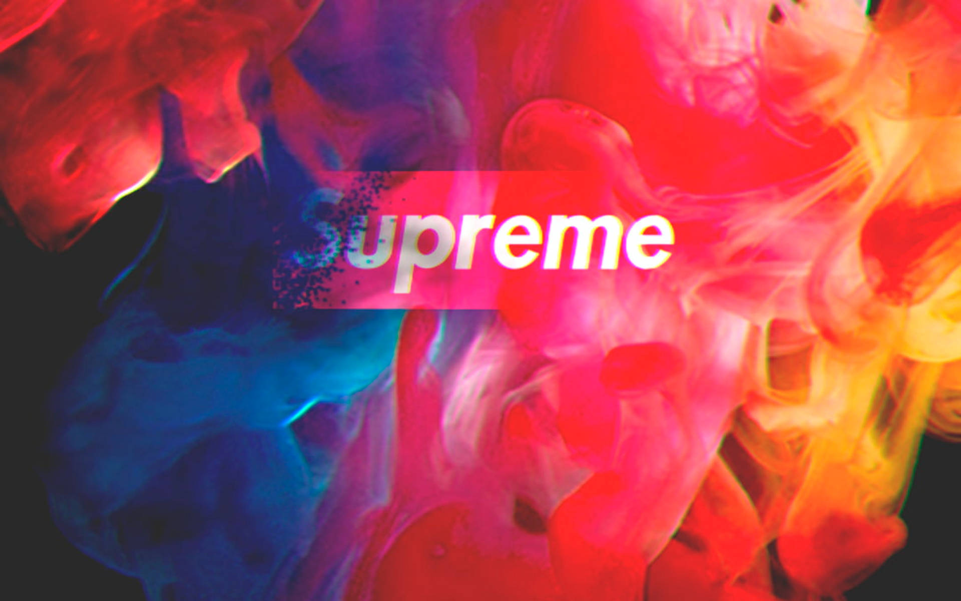 Supreme標誌被旋轉的紅色、藍色和黃色墨水包圍在黑色背景上