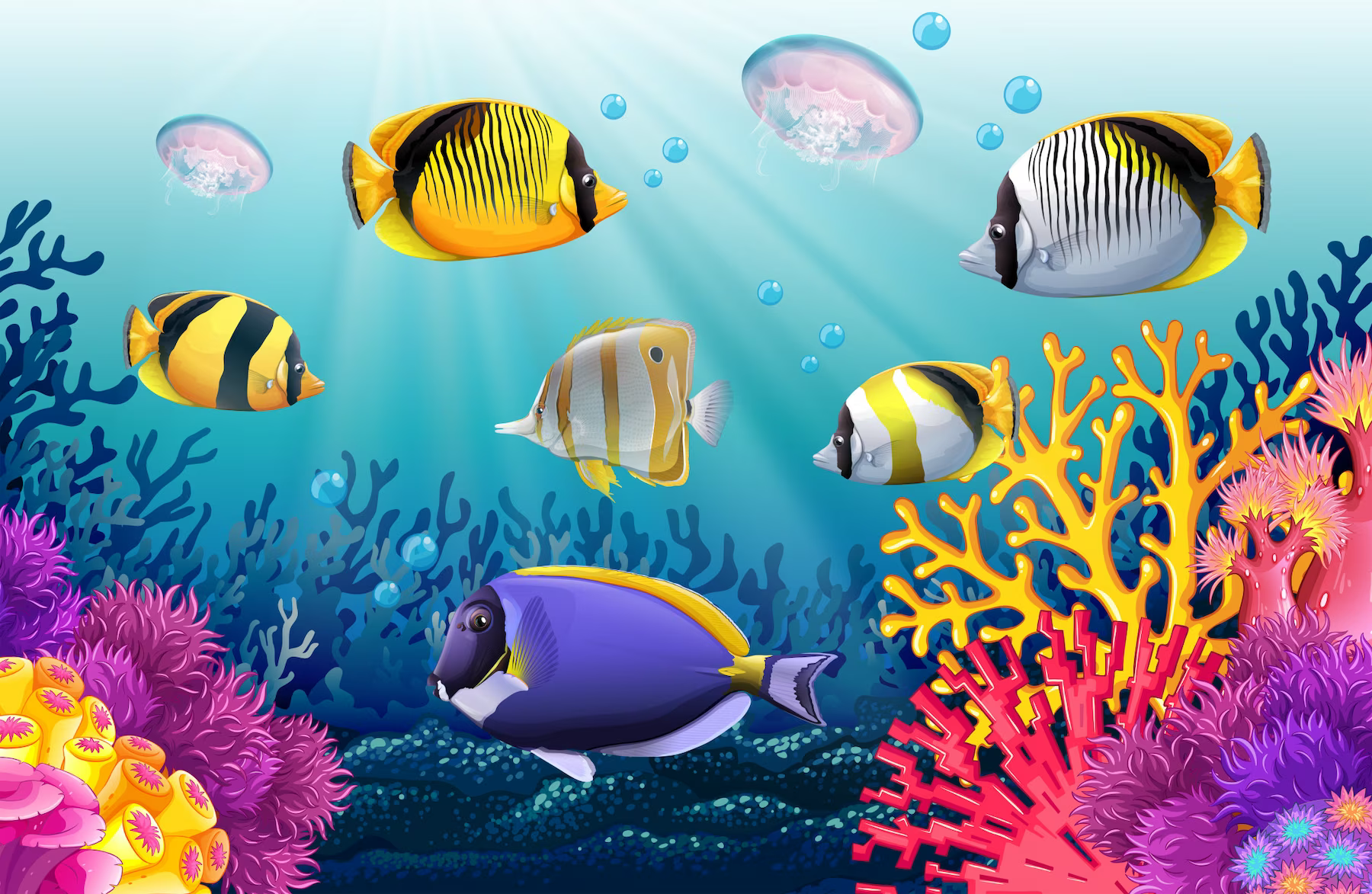 彩色熱帶魚海底場景 壁紙