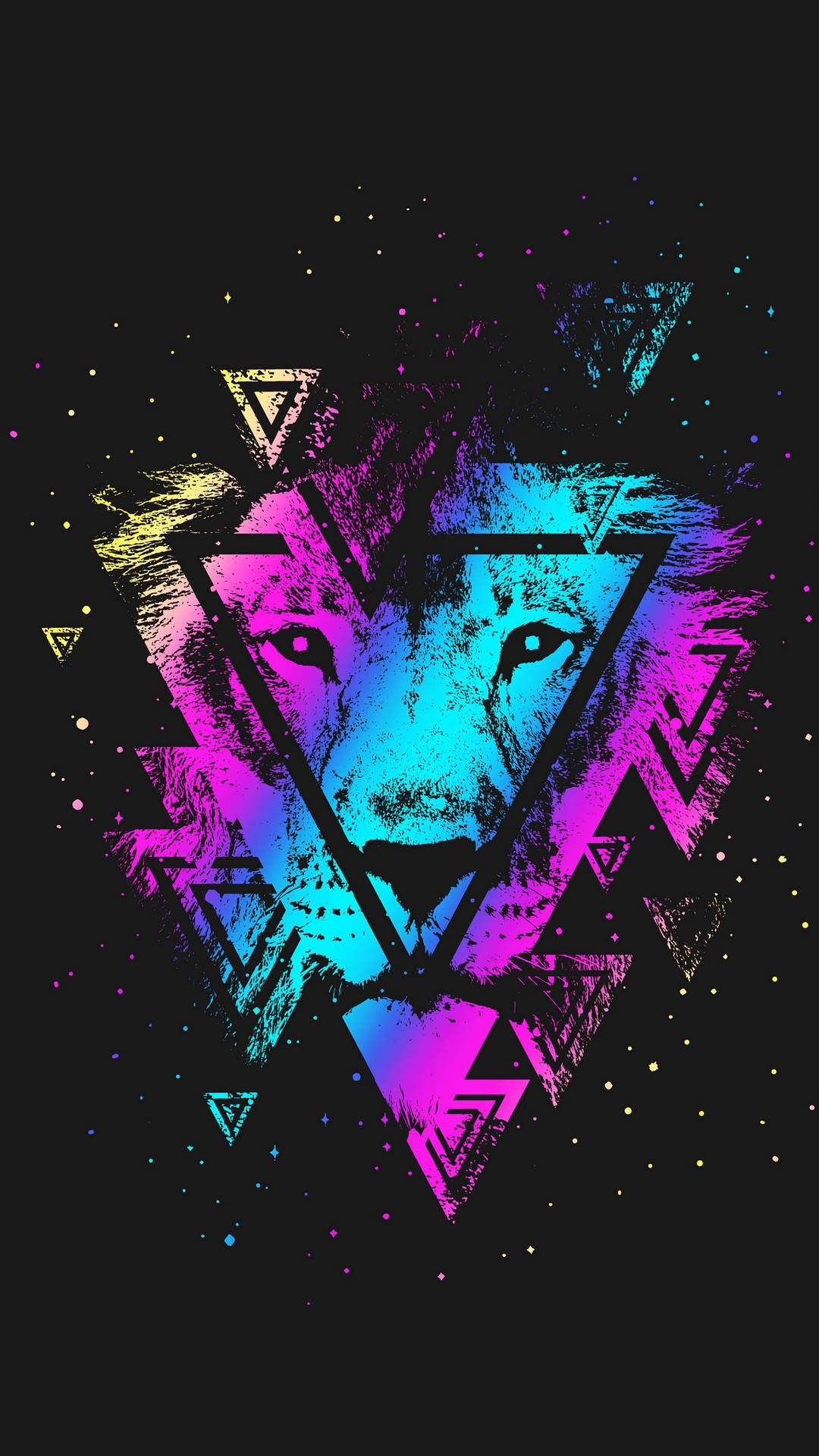 霓虹獅子臉，帶有幾何三角形和星爆，黑色背景