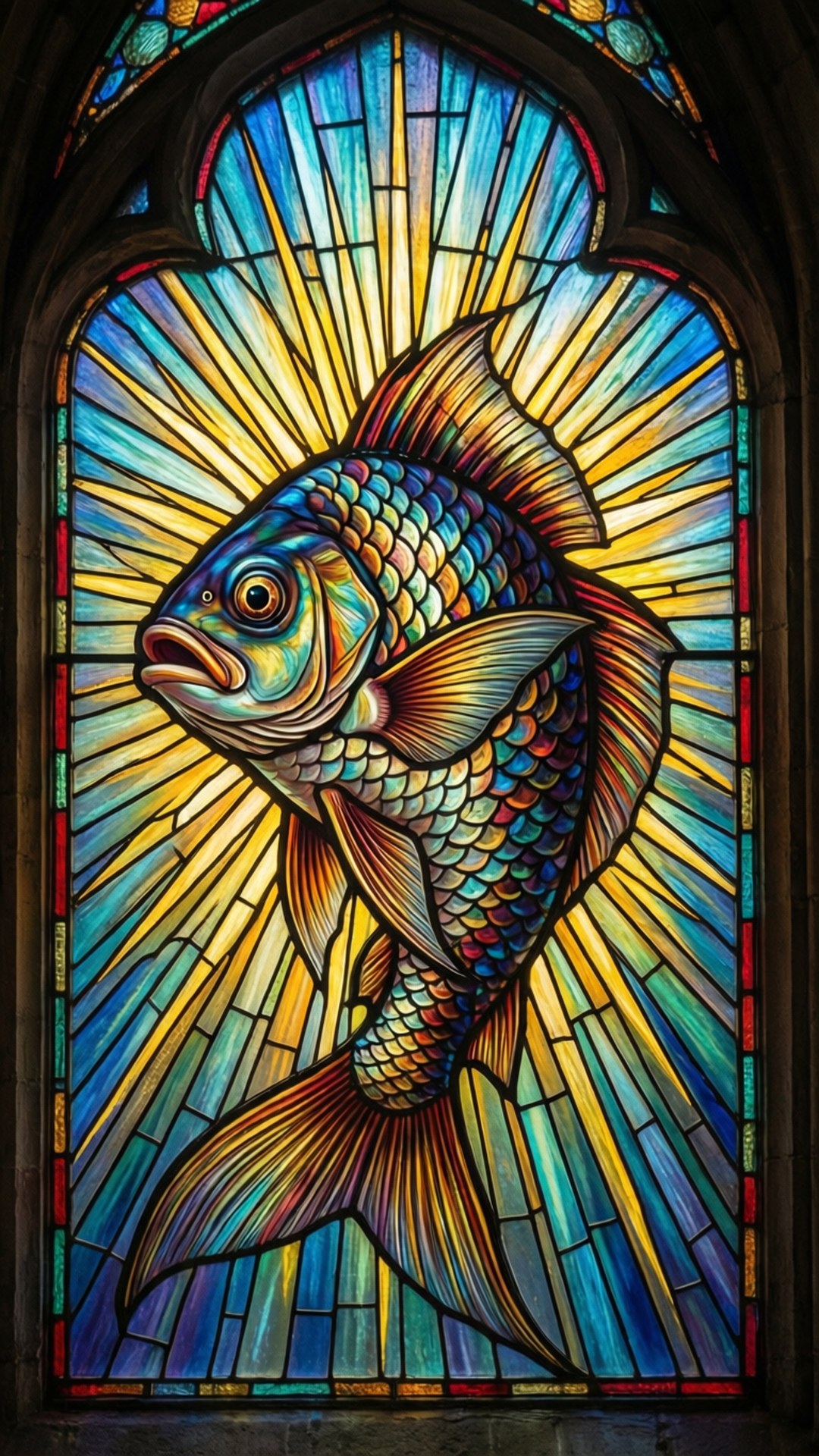 彩色玻璃耶穌魚 壁紙 — 一幅充滿活力的彩繪玻璃窗描繪了一條細節豐富的魚，魚鱗閃爍著虹彩，在藍色和黃色的太陽光背景下散發出金色光芒。