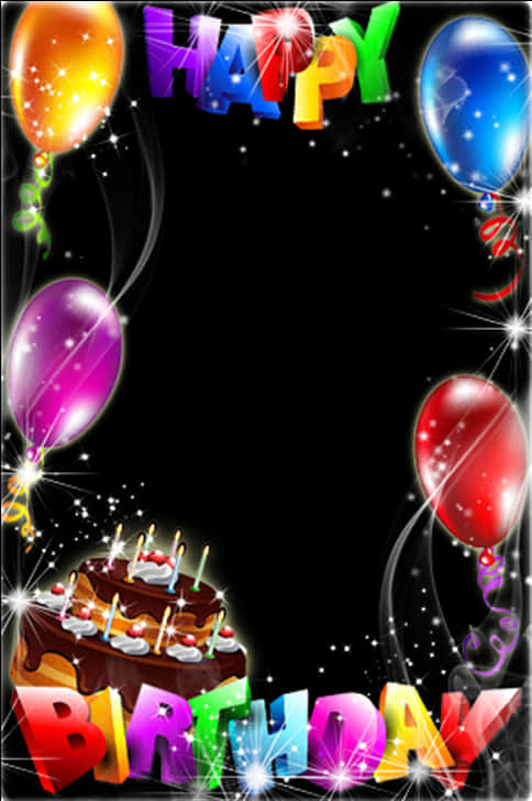 彩色生日快樂相框 壁紙 — 在閃爍的黑色背景襯托下，色彩繽紛的氣球和蛋糕營造出充滿活力的生日慶祝場景。