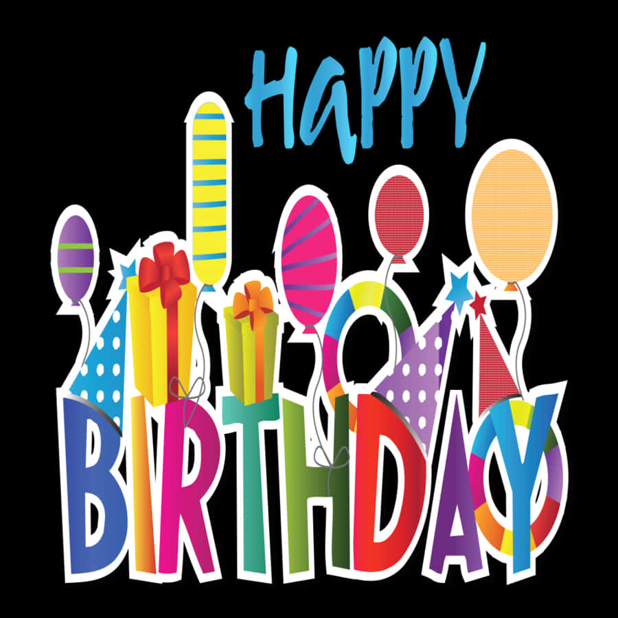 彩色生日慶祝圖案 壁紙 — 黑色背景上充滿活力的彩色生日字母，配有氣球、禮物和派對帽。