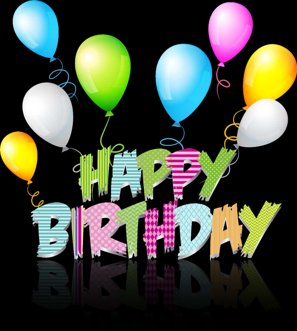 彩色生日氣球圖形 壁紙 — 鮮豔多彩的氣球漂浮在粗體 'HAPPY BIRTHDAY' 文字上方，黑色背景上有光澤反射。