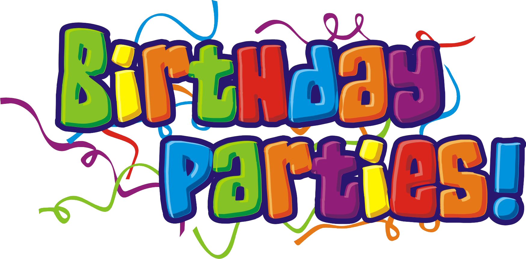 彩色生日派對圖形 壁紙 — 充滿活力的卡通風格文字，寫著「Birthday Parties!」，周圍環繞著色彩繽紛的旋轉彩帶。