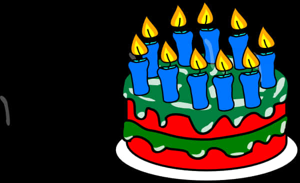 彩色生日蛋糕插畫 壁紙 — 一個卡通生日蛋糕，上面有紅綠色糖霜和藍色蠟燭，在黑色背景前點燃。