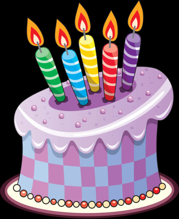 彩色生日蛋糕插畫 壁紙 — 一個色彩繽紛的卡通生日蛋糕，上面有五根條紋蠟燭在黑色背景前點燃。