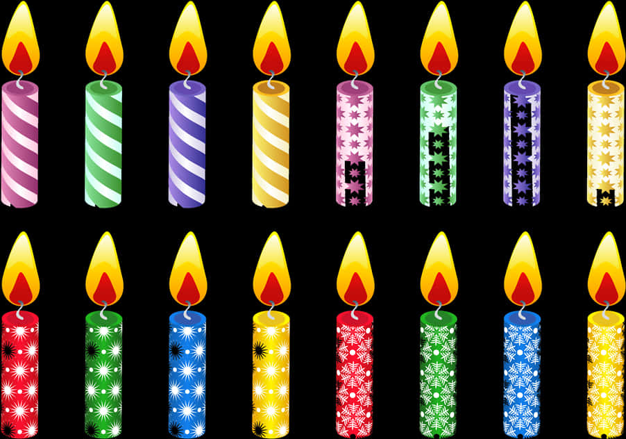 彩色生日蠟燭向量圖 壁紙 — 十二支色彩鮮豔的生日蠟燭，帶有節日圖案和發光的火焰，在黑色背景上排成兩行。