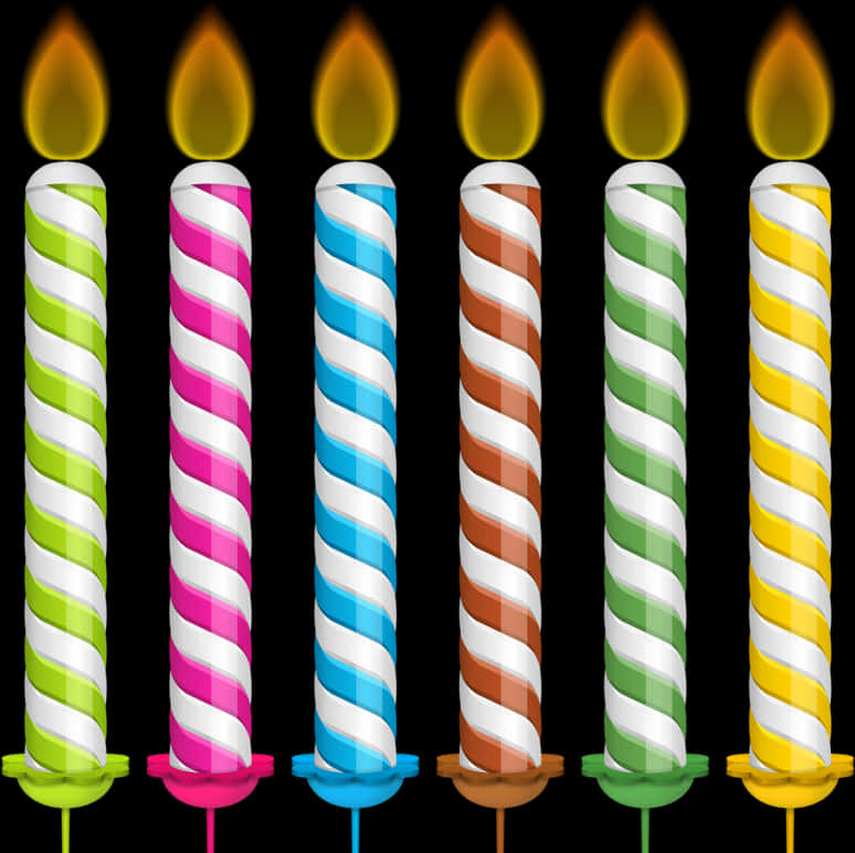 彩色生日蠟燭插圖 壁紙 — 六枝彩色螺旋生日蠟燭，點燃的火焰在黑色背景前。