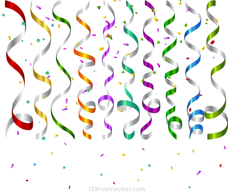 彩色紙屑與彩帶生日背景 壁紙 — 鮮豔的彩虹色旋轉派對彩帶在純黑色背景上傾瀉而下，散落著五彩紙屑。