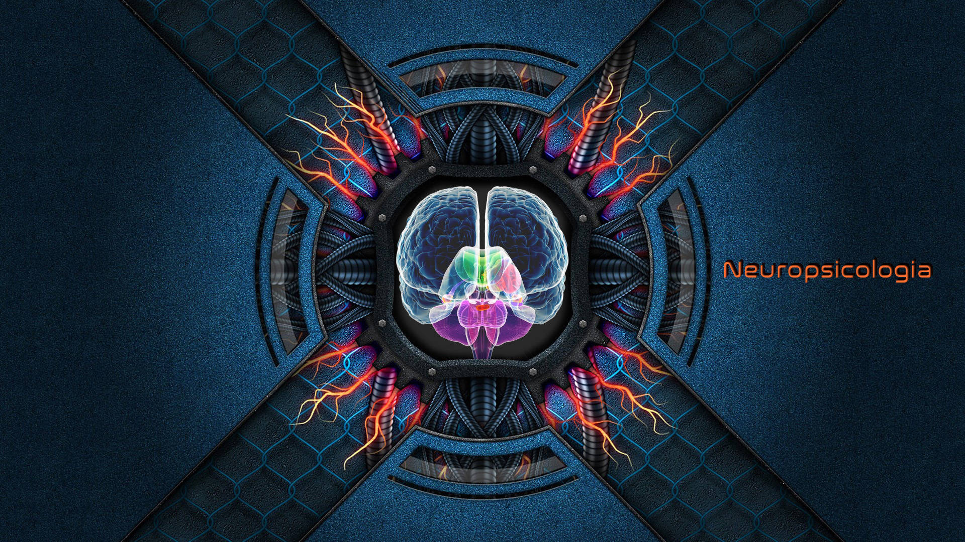 彩色編碼大腦皮質插畫 壁紙 — 一個在機械十字架中發光的人類大腦，帶有電火花和六角形面板，背景為深藍色。