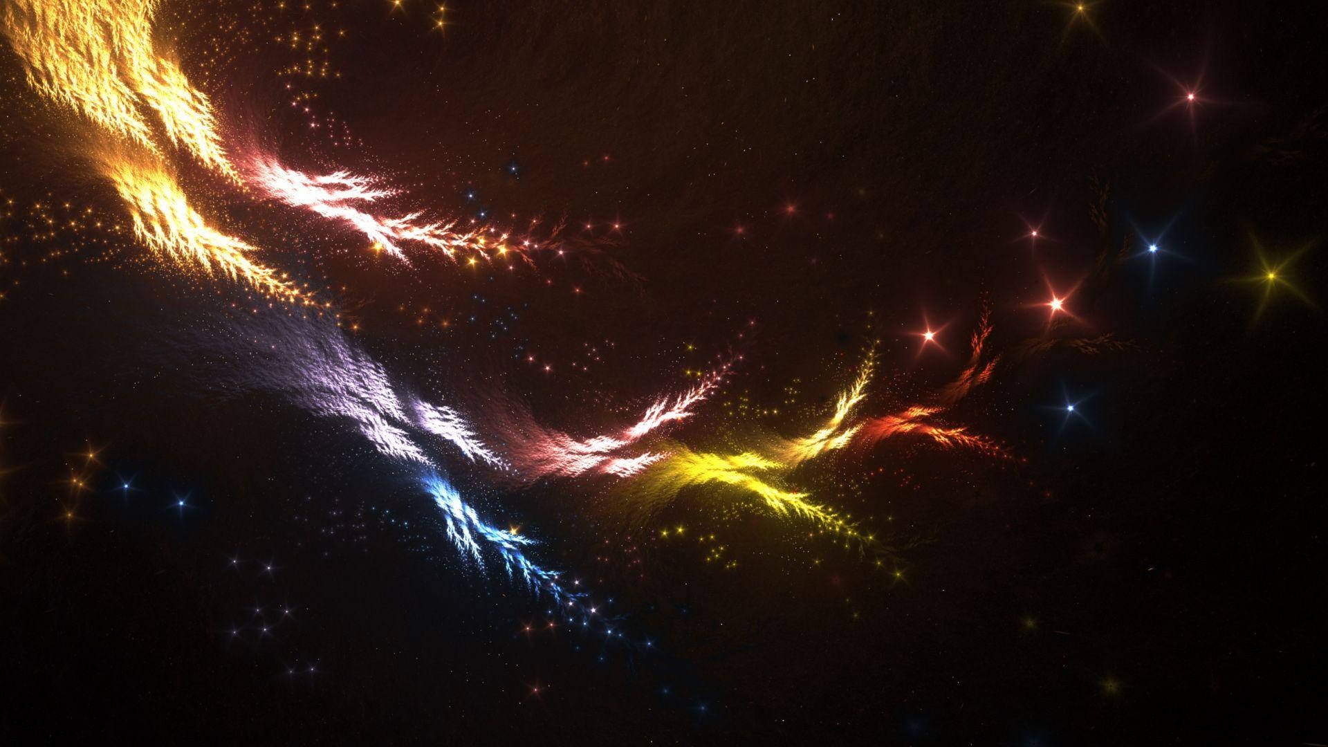 彩色羽毛高畫質燈光 壁紙 — 在深空的星場中，充滿活力的宇宙星雲以熾熱的金色和冷藍色旋轉。